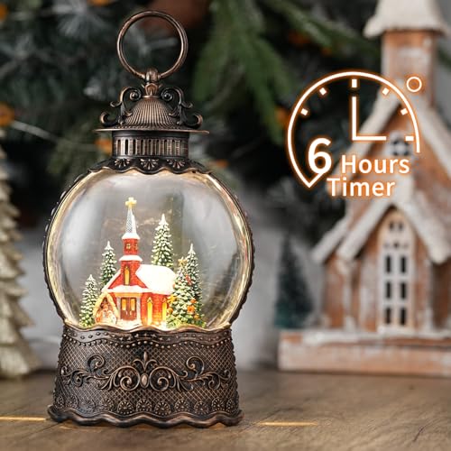 Lighted Christmas Snow Globe with Music and Timer, USB or Battery Operated