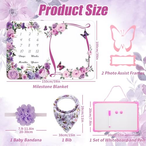 NCTDSUKAY Milestone Blanket for Baby Girl (Purple 60x40 Inches), with Photo Aid Frame, Saliva Towel, Erasable Writing Board, Hair Band, Documenting Growth。