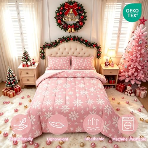 Erosebridal Christmas Comforter Set Queen - Pink Snowflake 3D Print, 90x90