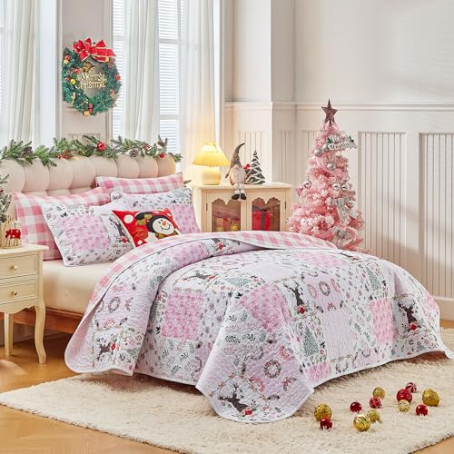 Joyreap 3-Piece Christmas Quilt Set Queen Pink Patchwork 88x88 All-Season Microfiber