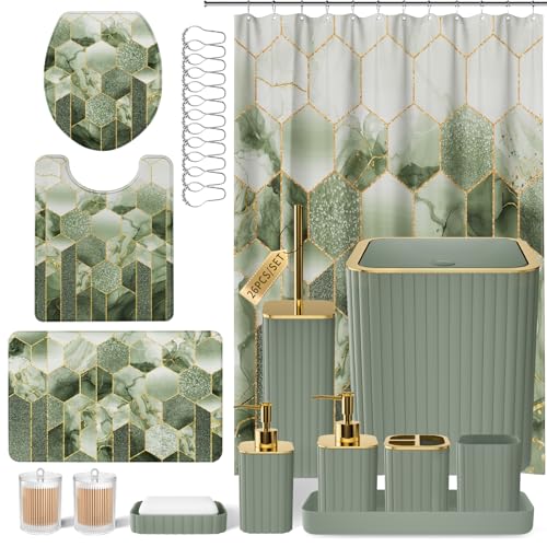 26-Piece Sage Green Bathroom Accessory Set with Shower Curtain and Rugs