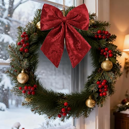 Wlflash Burgundy Large Plush Velvet Christmas Bow Set of 2 - 16-Inch Tree Topper & Decor