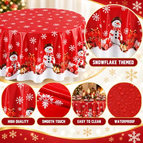 LemonRoad 6 Pcs 84" Red Christmas Round Tablecloths with Snowman - Disposable Holiday Party Linens
