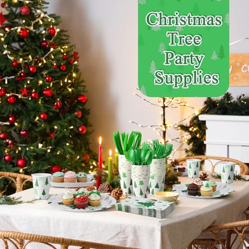 Pickmesh Christmas Tree Paper Plate Set for 50 Guests - Green Silver Party Supplies