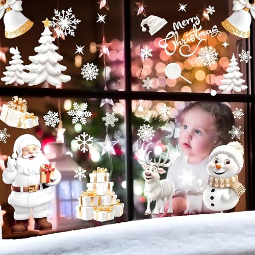AhfuLife Christmas Window Clings 190PCS Santa & Snowman Reusable 3D Decorations