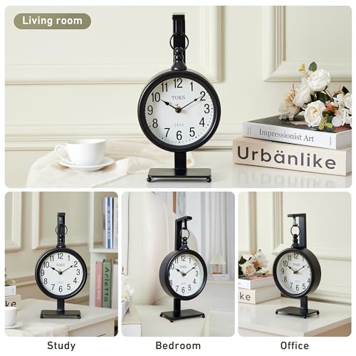 13-Inch Vintage Style Black Desk Clock, Silent Non-Ticking Mantel Clock