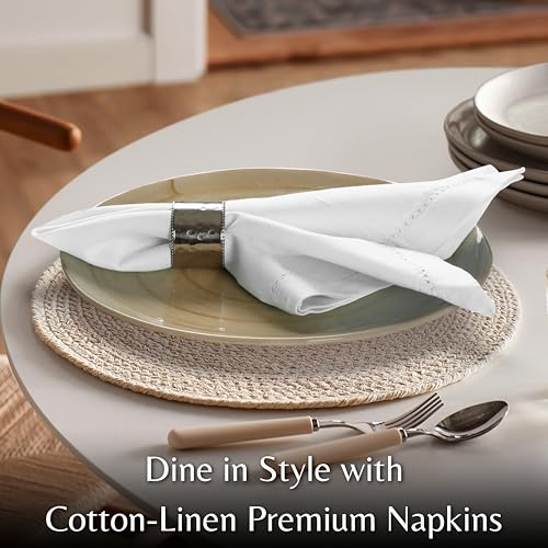 Set of 12 Linen Blend Cloth Napkins - 20x20 Inch White Hemstitched Dinner Napkins
