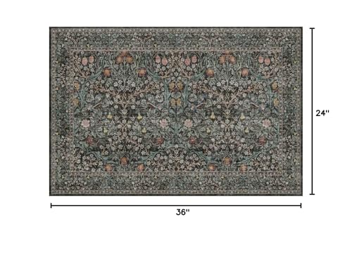Dark Green Washable Entry Rug 2x3 - Non-Slip Vintage Floral Throw Rug
