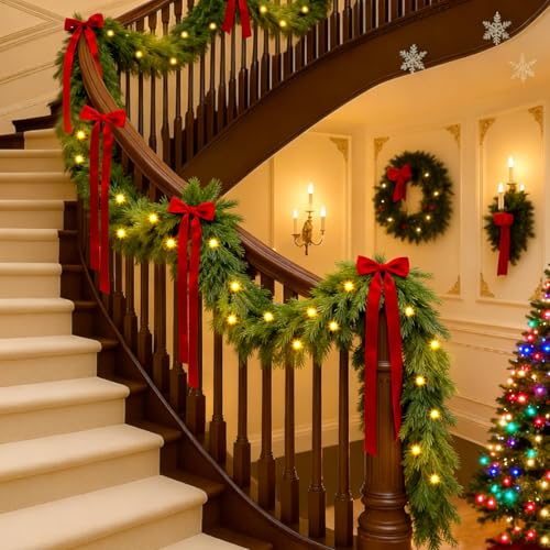 6 ft Christmas Garland with Lights - Battery Operated Pine Wreath with Bow