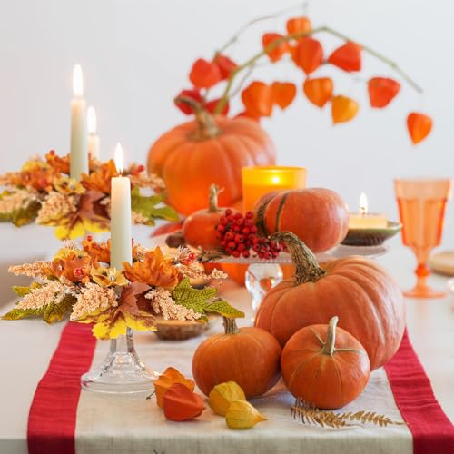 4-Piece Mini Fall Floral Candle Rings with Berries for Autumn Table Decor