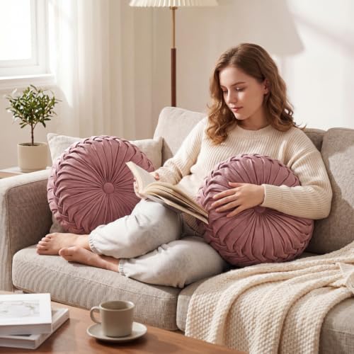 Round Velvet Pleated Throw Pillow - 15-inch Pumpkin Accent Cushion
