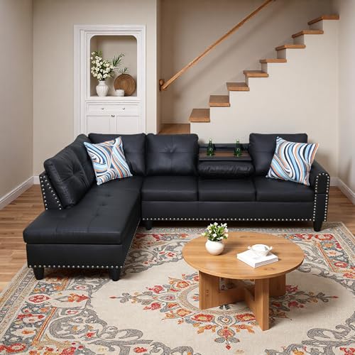 Modern L-Shaped Sectional Sofa with Cup Holders and Chaise, Black