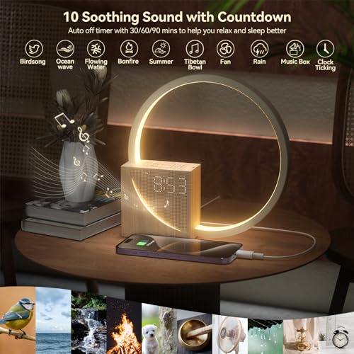 Vivilumens Sunrise Alarm Clock with Sound Machine - Wooden Grain, Dual Alarms, Gentle Wake-Up, USB Charging