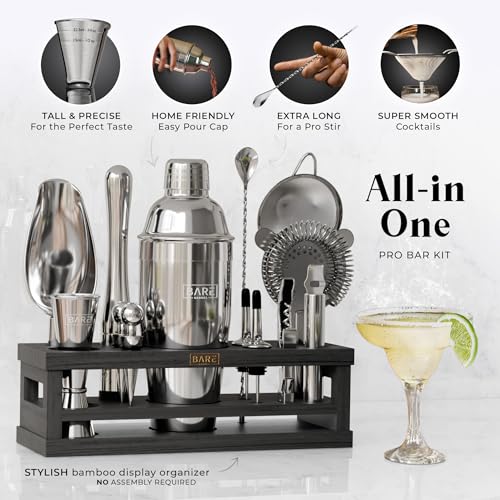 Bare Barrel® 24oz Silver & Black Cobbler Cocktail Shaker Bar Set with 16 Tools & Recipe Cards