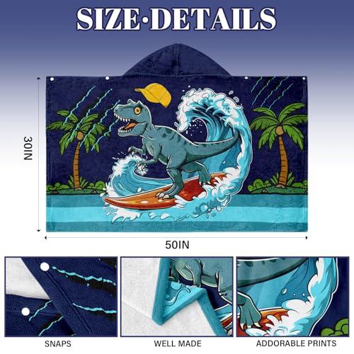 Kids Hooded Dinosaur Bath & Beach Towel Poncho - Soft Cotton (30x50")