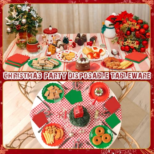 Tiangrid 240Pcs Red & Green Christmas Dinnerware Set - 120 Plates + 120 Napkins, 7in | Red Green Variation