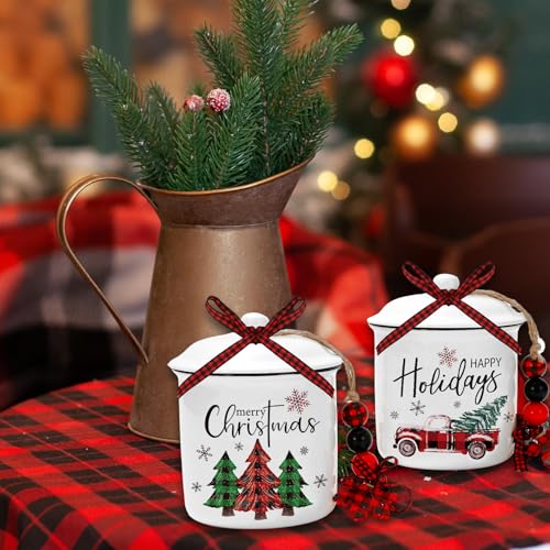 Christmas Mini Ceramic Canister Set with Santa Truck & Tree Design - Holiday Candy Jar & Decor