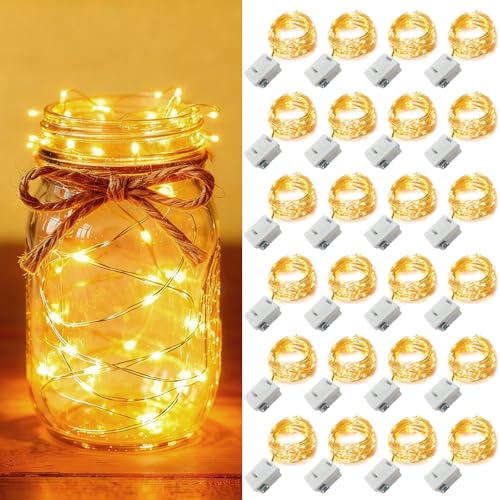 YOEEN 24 Pack Battery Operated Fairy Lights 7ft 20 LED Warm White Twinkle String Lights Waterproof Silver Wire for Wedding Party and Christmas