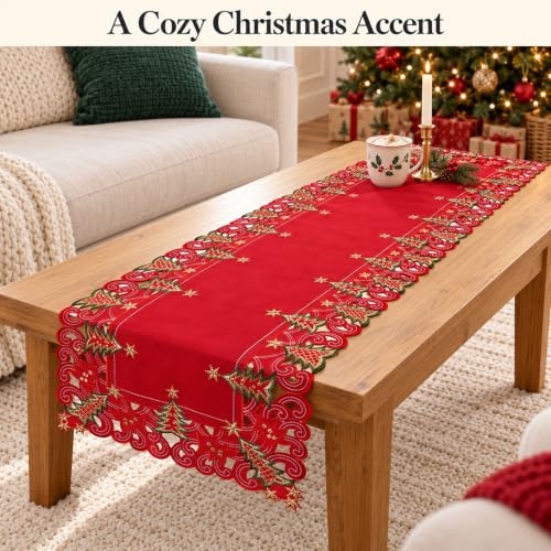 SHANGRLA Embroidered Red Christmas Tree Table Runner 54 in