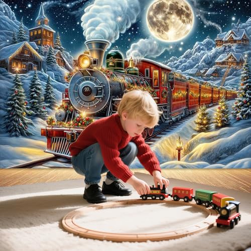 DYNH Christmas Steam Train Tapestry 60x40 Inches Snow Moon Mountain Cabin Railway Wall Hanging for Kids Bedroom & Living Room Decor