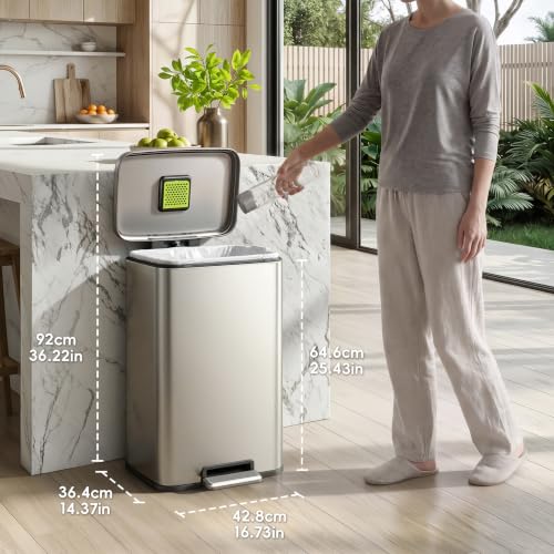 EKO Madison 50L Brushed Stainless Steel Kitchen Step Trash Can with Soft Close Lid