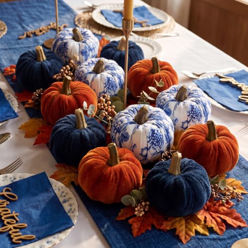 12-Piece Velvet Fabric Pumpkin Set for Fall Thanksgiving Table Decor