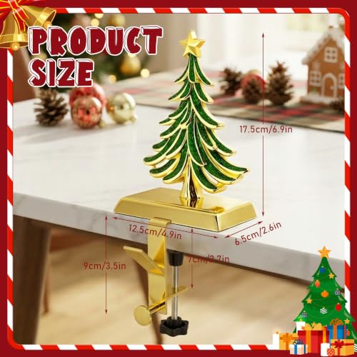 JUSTOTRY Green & Gold 4-Piece Christmas Stocking Holders for Mantle - Adjustable & No-Drill Garland Hangers