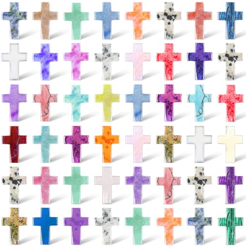 50 Pcs Cross Charms for Jewelry Making, Natural Crystal Worry Stone Pendants