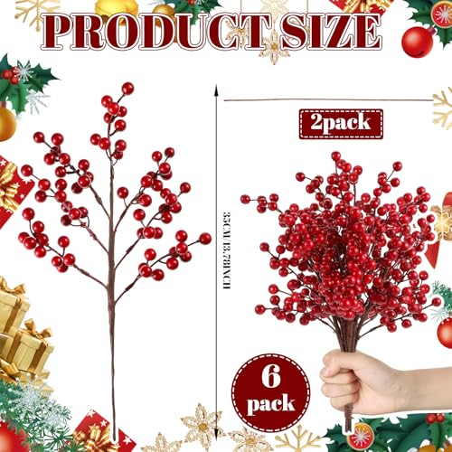 6 Pack Red Berry Christmas Tree Toppers Artificial Floral Picks Holiday Decor