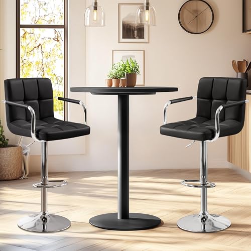 Adjustable Swivel Bar Stools with Backs and Armrests, Set of 2, Black
