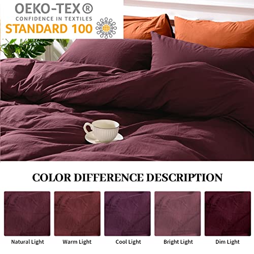 100% Washed Cotton Duvet Cover Set - Queen Size Burgundy 3-Piece Bedding