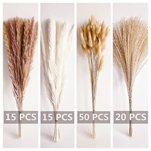 100 Pcs Dried Pampas Grass Decor - 17 Inch Small Boho Bouquet (Brown & White)