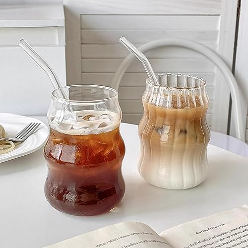 2 Pcs Ribbed Glass Cups, 18 Oz Vintage Wave Design Drinking Glassware