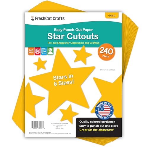 Gold Star Cutouts for Bulletin Boards, 240-Piece Set in 6 Sizes