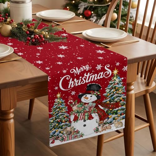Ldtrchee Red Snowman Christmas Table Runner 13 x 120 In Cotton Linen, Winter Snowflake Decor