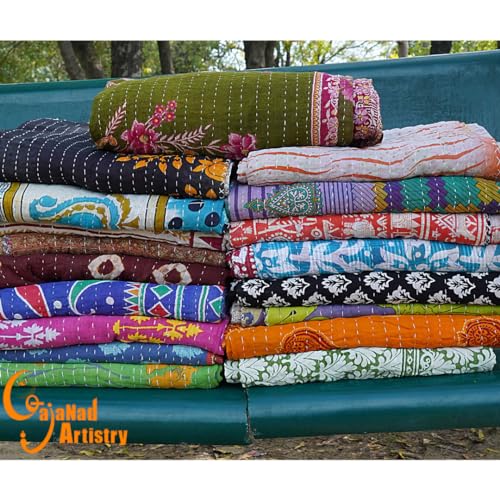 Handmade Indian Vintage Kantha Quilts - Reversible Cotton Blanket, Twin Size 85x55 Inches