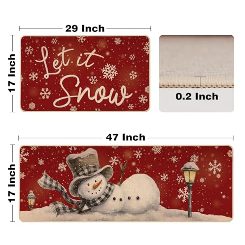 Siilues Red Christmas Kitchen Mat Set of 2, 17x29 and 17x47 Non-Slip Snowman Rugs