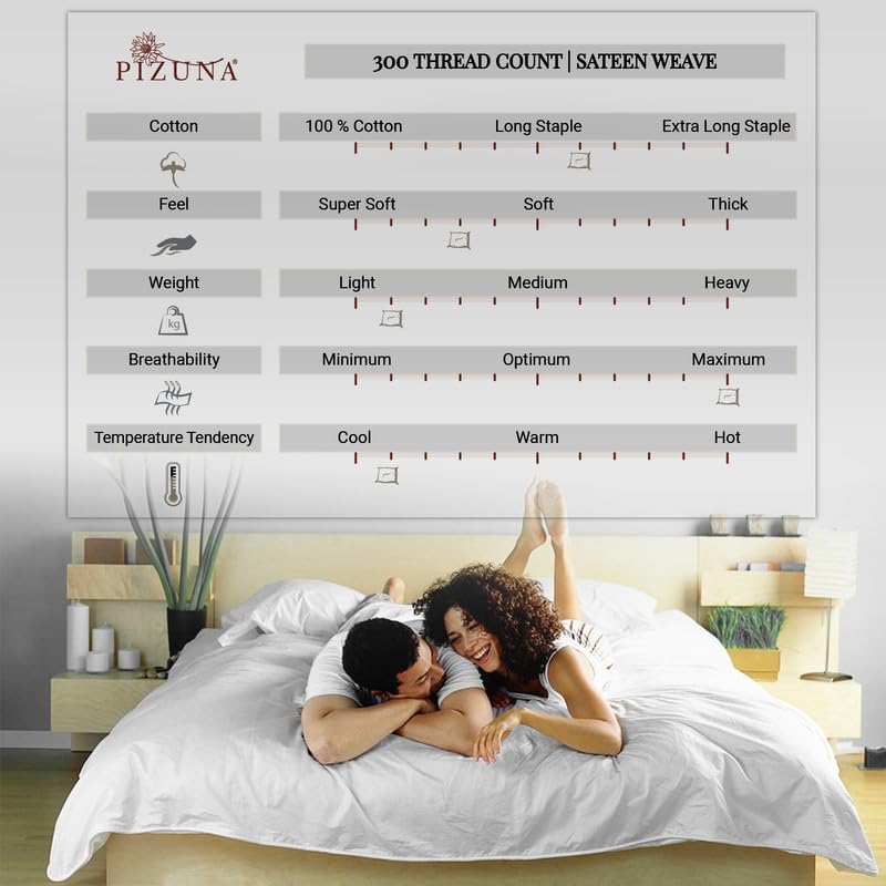 Pizuna Cotton Sheets King Size, 300 Thread Count Long Staple Cotton Soft Sateen with 15" Deep Pocket (Combed Checks Luxury White)