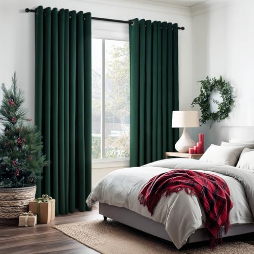 Dark Green Velvet Blackout Curtains 108 Inches Long - Pack of 2, Grommet Top, Heavy Thermal Insulated for Living Room and Large Windows