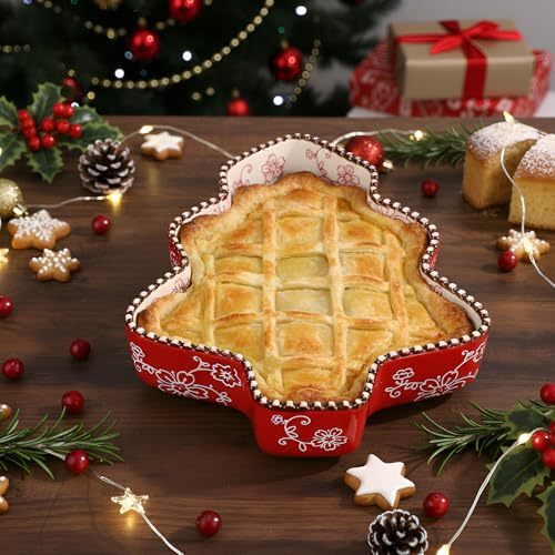 Vesici 9-Inch Christmas Tree Ceramic Pie Pan, 27oz, Red