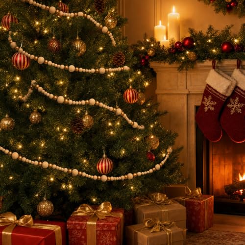 7.2 Ft Gold Wooden Bead Garland for Christmas Decor - Natural Finish