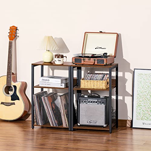3-Tier Record Player Stand with Vinyl Album Storage, Rustic End Table