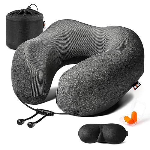 MLVOC Pure Memory Foam Travel Neck Pillow Set with 3D Eye Mask & Earplugs