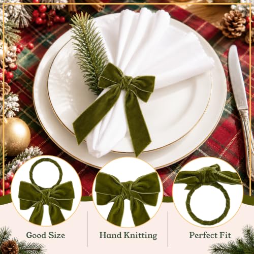 APTWOW Grass Green Velvet Bow Napkin Rings Set of 6 for Christmas Table
