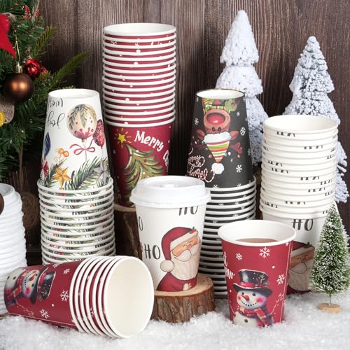 Hallswl 200Pcs 12 oz Christmas Paper Cups with Lids - Santa Snowman Holly Design (40 per pattern)