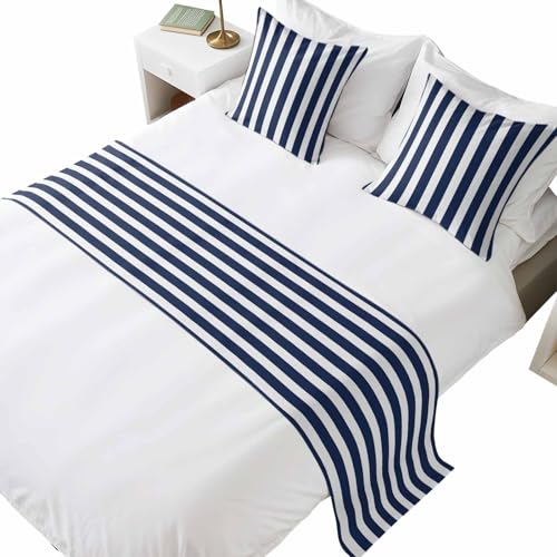 DecorLovee Navy Blue Striped Bed Runners for King Size with 2