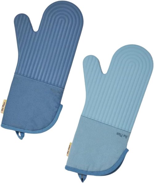 Hot Mitts Silicone & Cotton Twill Oven Mitts - Heat Resistant Up to 550°F | Set of 2 with Magnet & Loop | Blue Salt