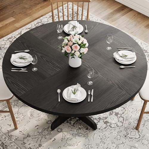 47-Inch Round Farmhouse Dining Table for 4, Rustic Black Kitchen Table