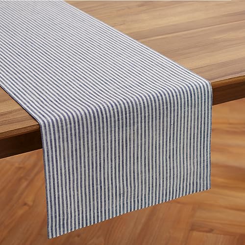 Solino Home 100% Pure Linen Table Runner Navy & White Stripe 14 x 90 in (Navy & White)