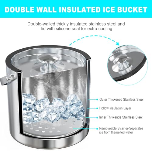 Abizarch 3.0L Double Walled Stainless Steel Ice Bucket with Lid & Tongs for Bar & Party